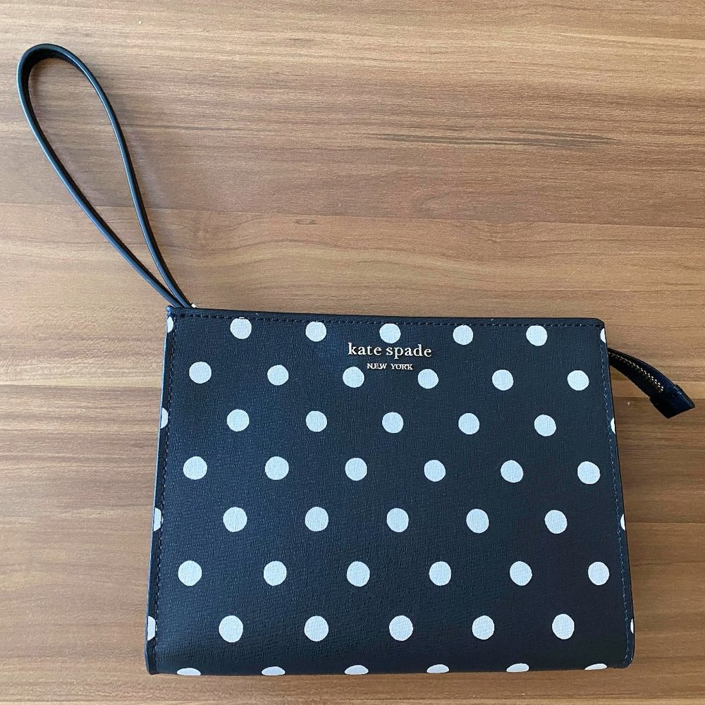 Kate Spade Spencer Sunshine Dot Black & White Gusseted Wristlet (Like New!)
